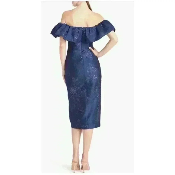 New Monique Lhuillier Cocktail Dress Off-The-Shoulder Bow Metallic Floral Size 8 - Picture 2 of 13